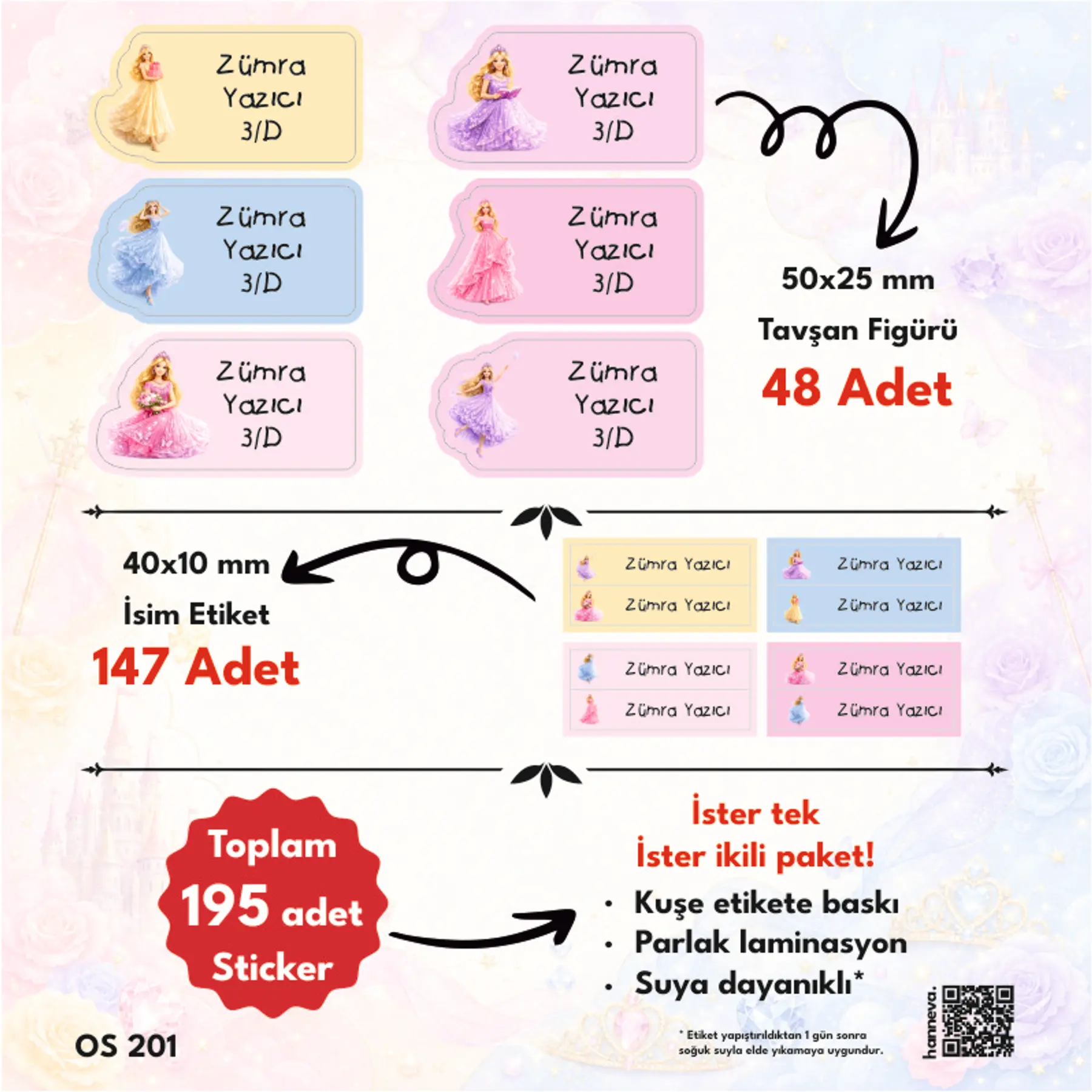 Prenses Temalı Okul Etiketi 6 Figür