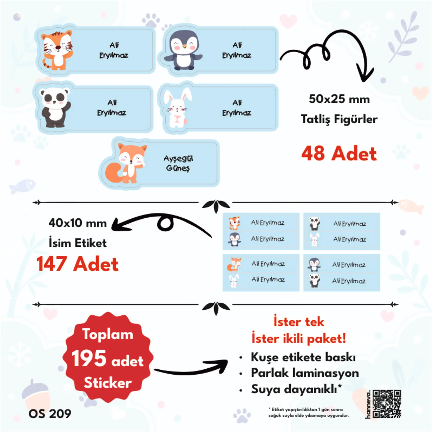 Sevimli Hayvanlar Mavi Renk 6 Figür Okul Sticker