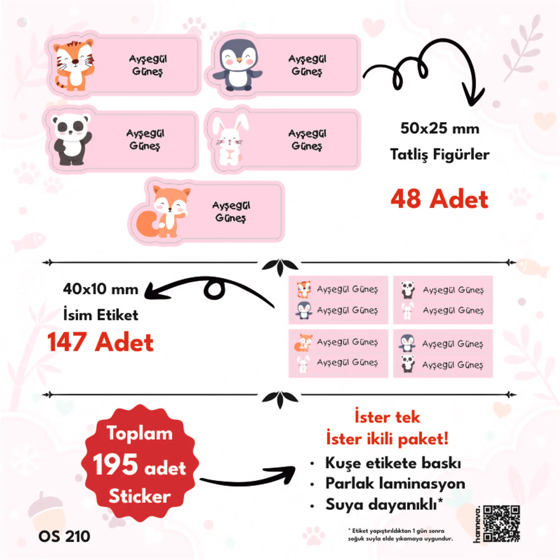 Sevimli Hayvanlar Pembe Renk 6 Figür Okul Sticker
